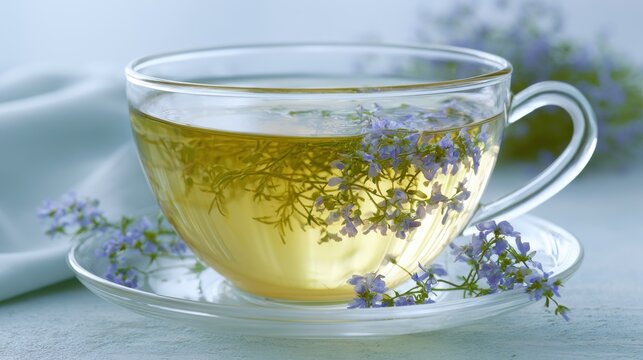 Glass cup of tea with a saucer. the cup is filled with a yellow liquid, which appears to be tea, and is garnished with small purple flowers. the saucer is white and has a curved handle.