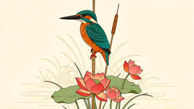 Kingfisher bird perched on a reed above blooming lotus flowers. Traditional Asian art style featuring vibrant colors and minimalist pond scenery. Ideal for oriental decor or nature design.