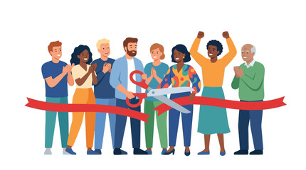 Obraz premium Diverse people cutting red ribbon for grand opening ceremony celebration flat design vector illustration.