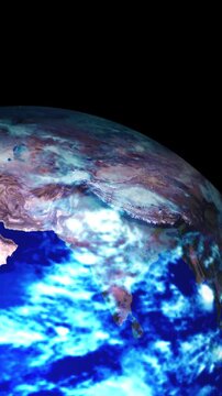 Stylized view of planet earth from space showing Asia, India and cloud patterns against a black background, ideal for global weather, climate and technology themes.