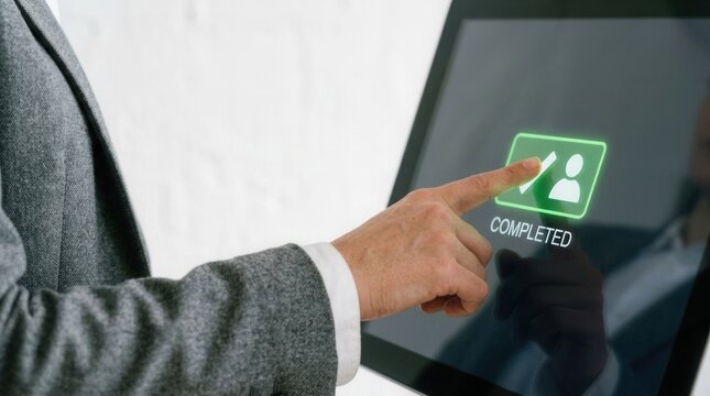 Close-up person hand pressing button touch Identity approval touchpoint for banks and fintech KYC (know your