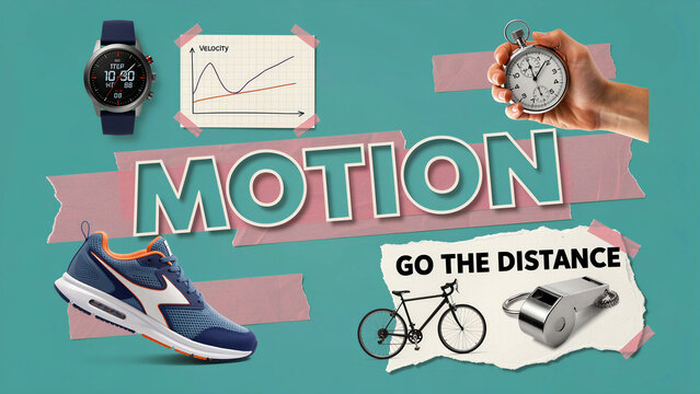 Scrapbook collage with sports equipment like a running shoe, bicycle, and stopwatch highlighting the word MOTION. Featuring a velocity graph and whistle. Fitness and athletic training concept.