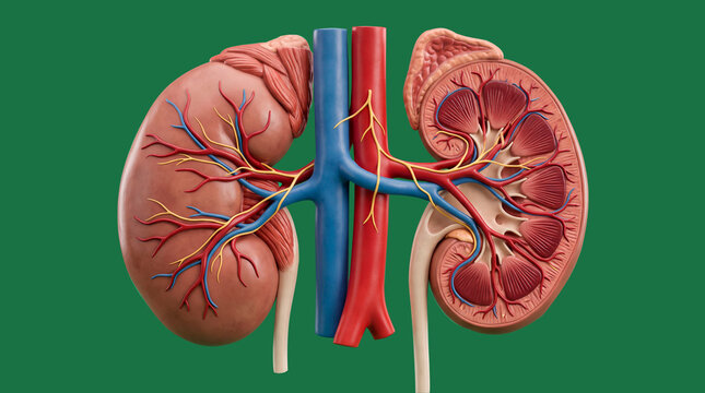 Anatomical illustration of human kidneys showing detailed internal structures highlighting kidney health urinary system and vascular connections essential for understanding renal functions and medical