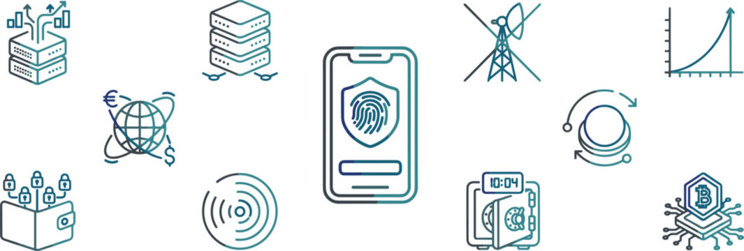  Vector set of cyber security and cryptocurrency line icons featuring fingerprint smartphone server globe safe box and bitcoin