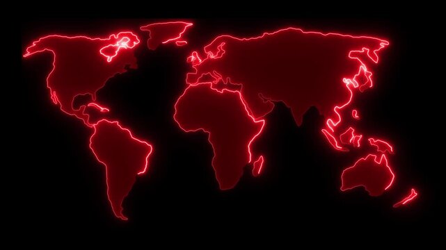 Glowing red neon world map on a black background, showing continents with bright outlines. Modern digital global concept for technology, travel, data, or communication themes.