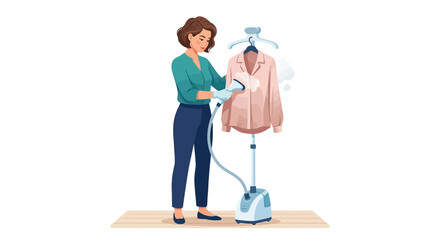Fototapeta premium Professional woman using vertical clothes steamer on silk blouse flat design vector illustration