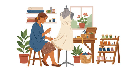Fototapeta premium Skilled female artisan dressmaker hand-stitching elegant gown on mannequin in cozy fashion studio flat design vector illustration.