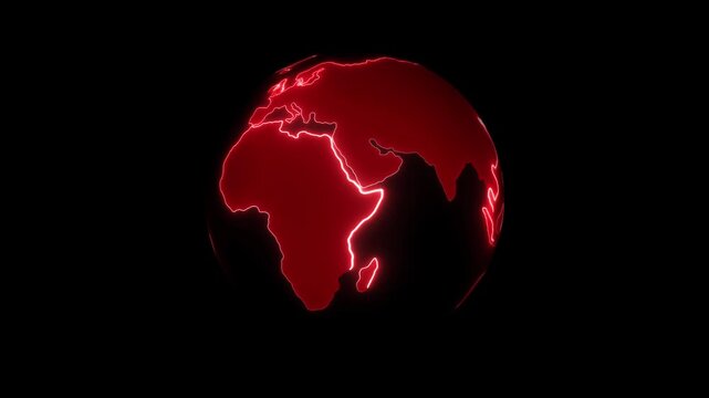 Glowing red globe with Africa, Europe and Asia outlined in neon light on a black background, showing a dramatic digital world map concept.