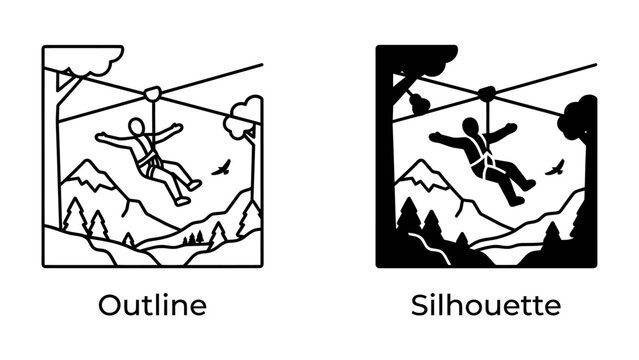 Zip-lining Adventure: Two stylized illustrations, one in outline and one in silhouette, depict a person zip-lining through a mountainous landscape with trees and birds.