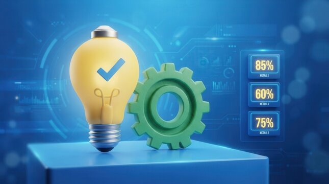 Yellow light bulb blue checkmark it Approved idea workflow with and gear