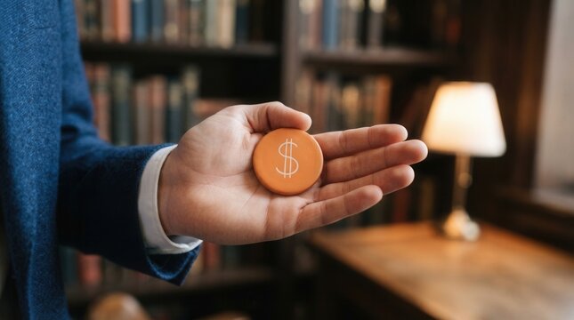 Person hand holding small orange circle Cryptocurrency arbitrage transaction processing or high frequency algorithmic trading system