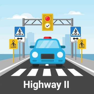Illustration of car stopped at highway pedestrian crossing with traffic signals