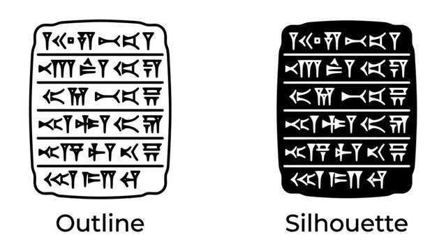 Cuneiform Tablet Representation: An ancient cuneiform tablet is depicted in both outline and silhouette form, showcasing the wedge-shaped script of early Mesopotamian civilizations.