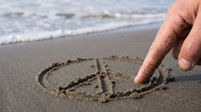 Close up of a person hand drawing a peace symbol in the wet beach sand near the ocean waves symbolizing calm, freedom, unity, and hope