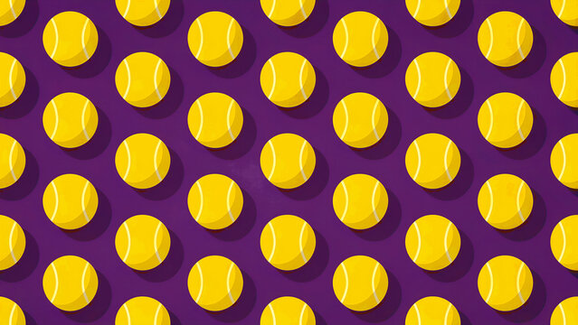Seamless pattern of yellow tennis balls on purple background. Vibrant flat illustration with repetitive sports equipment and drop shadows. Athletic design for sports marketing and textile prints.