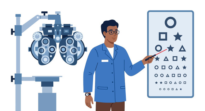 Male ophthalmologist pointing at vision testing chart next to phoropter in clinic flat vector illustration.