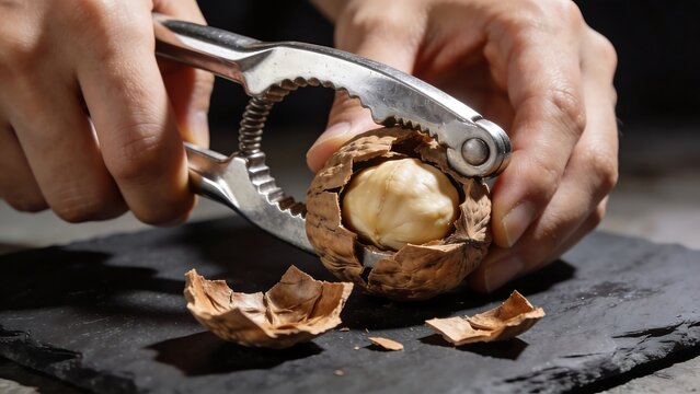 Cracking a Whole Walnut with a Metal Nutcracker