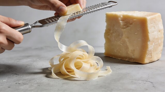 Hands Grating Hard Parmesan Cheese with a Metal Zester on a Stone Surface