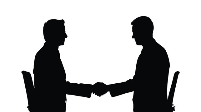 Businessmen silhouettes are captured engaging in a formal handshake while sitting at a desk to represent a mutual understanding and the finalization of a commercial contract between two partners.
