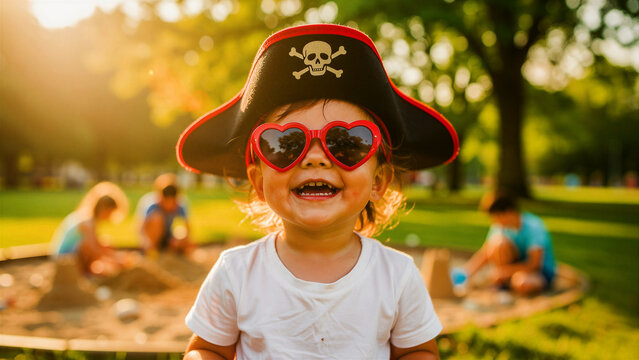 Happy young boy wearing a pirate hat and red heart sunglasses smiling at a park. Toddler enjoys a sunny day at the playground with friends. Childhood fun theme ideal for parenting marketing.