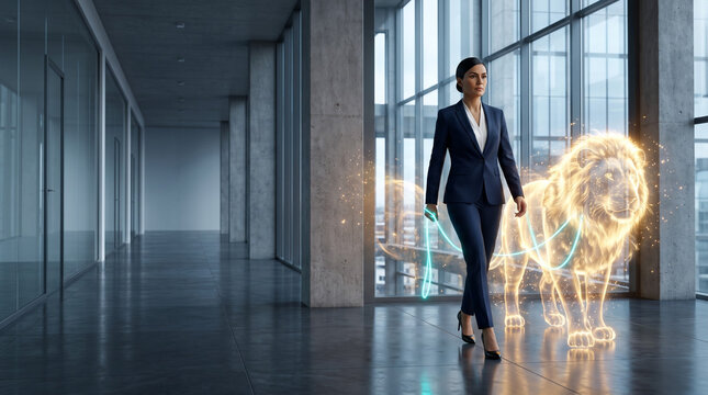 An elegant businesswoman confidently leads a giant, ethereal, glowing, translucent lion on a neon leash through a modern office with huge glass walls: a surreal conceptual metaphor for the taming of w