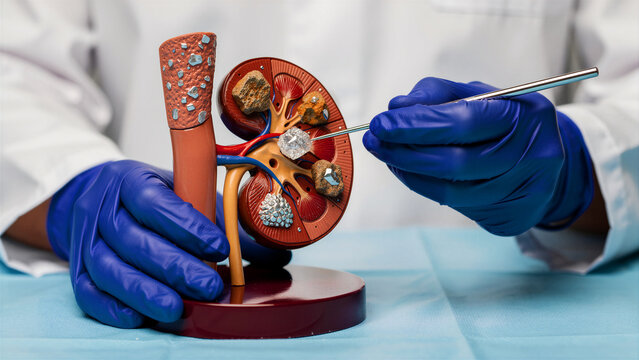 Doctor in blue gloves pointing at kidney stones in an anatomical model. Urologist demonstrating renal calculi within a cross-section of a human kidney. Medical education and nephrology concept.