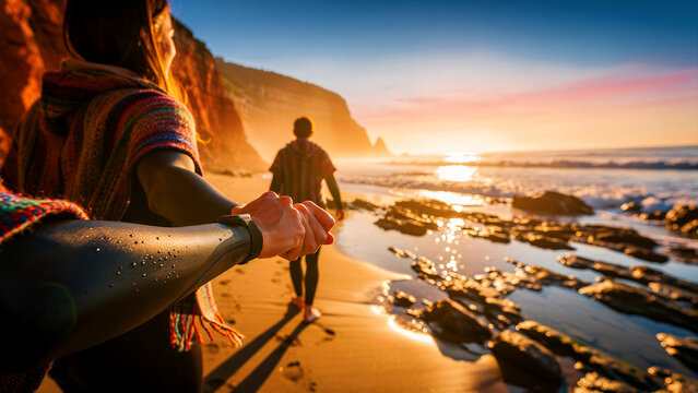 Couple holding hands walking along a rocky beach at sunset. Follow-me perspective of travelers exploring a scenic coastline. Romantic adventure and travel concept, ideal for tourism marketing.