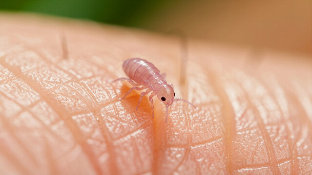 Tiny pink springtail crawling on human skin. Extreme macro shot highlighting skin texture and insect features. Entomology research concept for education or pest control marketing.