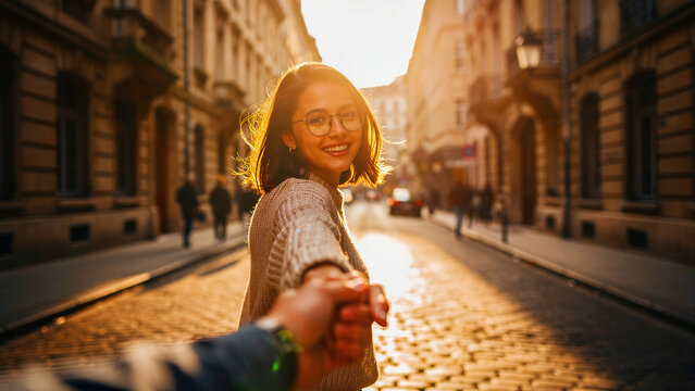 Happy young woman leading partner by the hand through city street at sunset. Smiling girl with glasses enjoying golden hour on a cobblestone road. Follow me travel concept for romantic tourism.