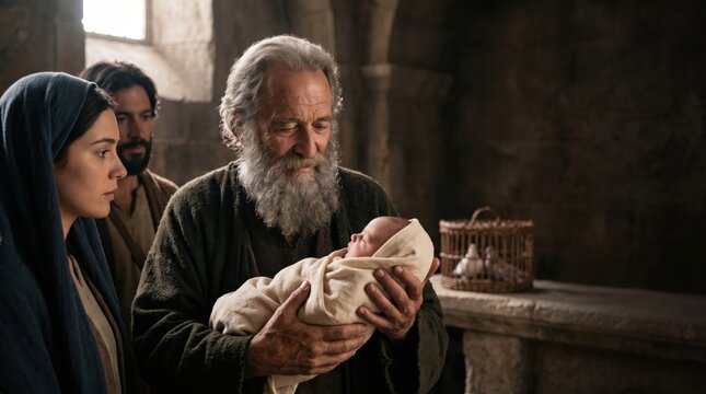 Simeon the righteous man holding baby Jesus in his arms in the temple. Mary and Joseph watching the ritual scene. Biblical story of presentation in the temple according to Luke chapter 2.