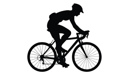 Fototapeta premium Cyclist speeds forward on a racing bike captured as a sharp black silhouette against a stark white background to emphasize the fluid motion, athletic posture, and dynamic energy of outdoor endurance.