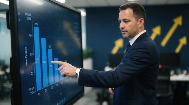 Man suit pointing to bar graph Businessman touching growth arrow and chart on virtual screen