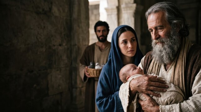 Simeon holding baby Jesus with Mary and Joseph in temple. Biblical scene presentation of Jesus. Christian religious depiction of holy family in Jerusalem. Traditional faith concept.