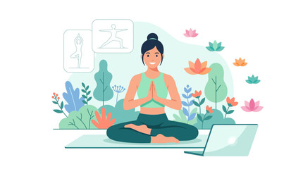 Obraz premium Female yoga instructor leading an online virtual class with laptop in garden setting flat design vector illustration