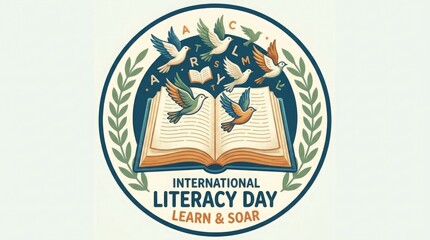 Obraz premium International Literacy Day logo with open book and birds