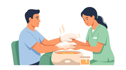 Fototapeta premium Professional man receiving paraffin wax hand treatment from therapist in spa clinic flat vector illustration.