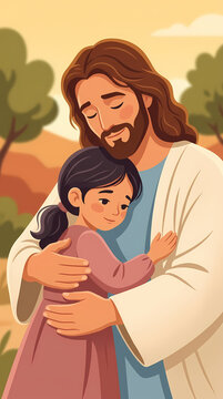 Jesus tenderly embraces a young child in a warm, loving hug