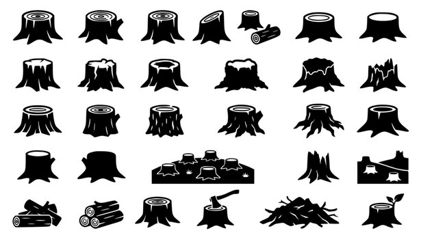 Tree Stump Black Vector Icon Collection