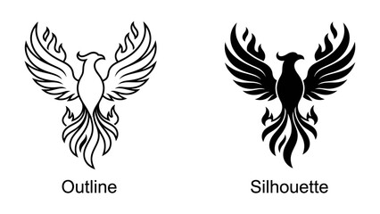 Phoenix Outline and Silhouette: A striking comparison of a phoenix, depicted in both a clean outline and a bold silhouette. © Jwel