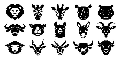 Black and white animal head vactor set featuring various wild and domestic mammal species for graphic design projects © Moja