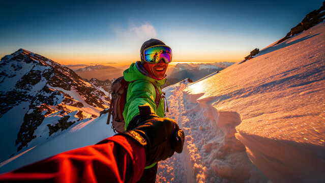 Smiling man in ski gear being pulled on a snowy mountain ridge. Skier with backpack enjoying sunset in the mountains. Adventure travel concept for winter tourism and outdoor gear marketing.