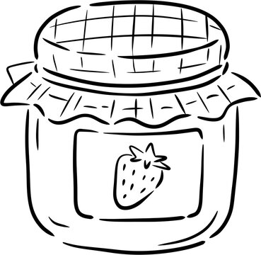 Hand-drawn strawberry jam jar with checkered fabric lid line art illustration, cute homemade fruit jam doodle, black and white bakery clipart isolated on white background.