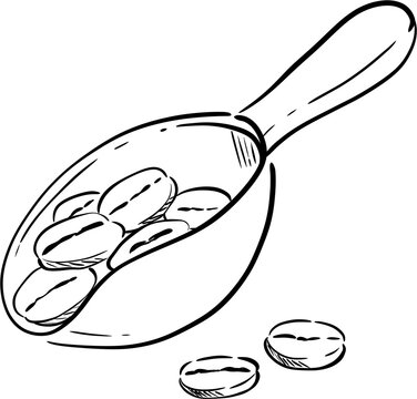 Hand-drawn wooden coffee scoop with coffee beans line art illustration, cute coffee measuring spoon doodle, black and white cafe clipart isolated on white background.