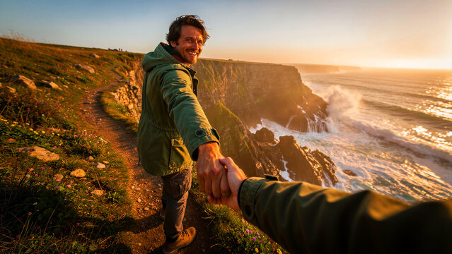 Man leading partner along coastal cliff trail. Smiling male hiker enjoying sunset over ocean waves and rugged landscape. Travel adventure concept, ideal for tourism marketing.