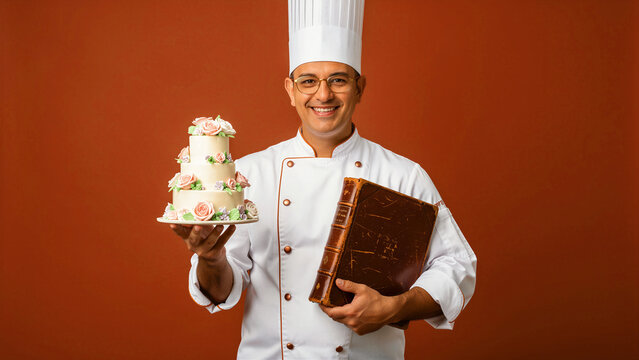 Chef holding floral tiered cake and old recipe book. Baker in white uniform showcasing pastry expertise on orange background. Culinary heritage concept for bakery branding and catering ads.