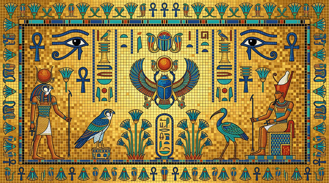 Ancient Egyptian wall art featuring golden hieroglyphics scarab beetles pharaohs and traditional symbolism painted on a textured metallic surface for cultural historical decorative interior
