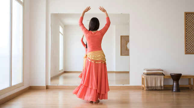 Woman practicing belly dance in front of studio mirror wearing gold coin belt
