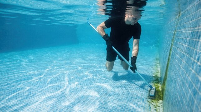 Person cleaning swimming pool broom is Diver hands wearing neoprene gloves using a stiff brush