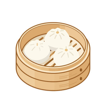 Three delicious white steamed bao buns served in a traditional wooden bamboo steamer basket, isometric food illustration of Chinese dim sum snack for Asian cuisine concept on white background