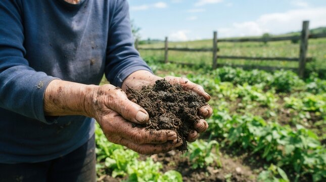 Pair hands holding handful soil appear Farmer a of dark rich with biochar